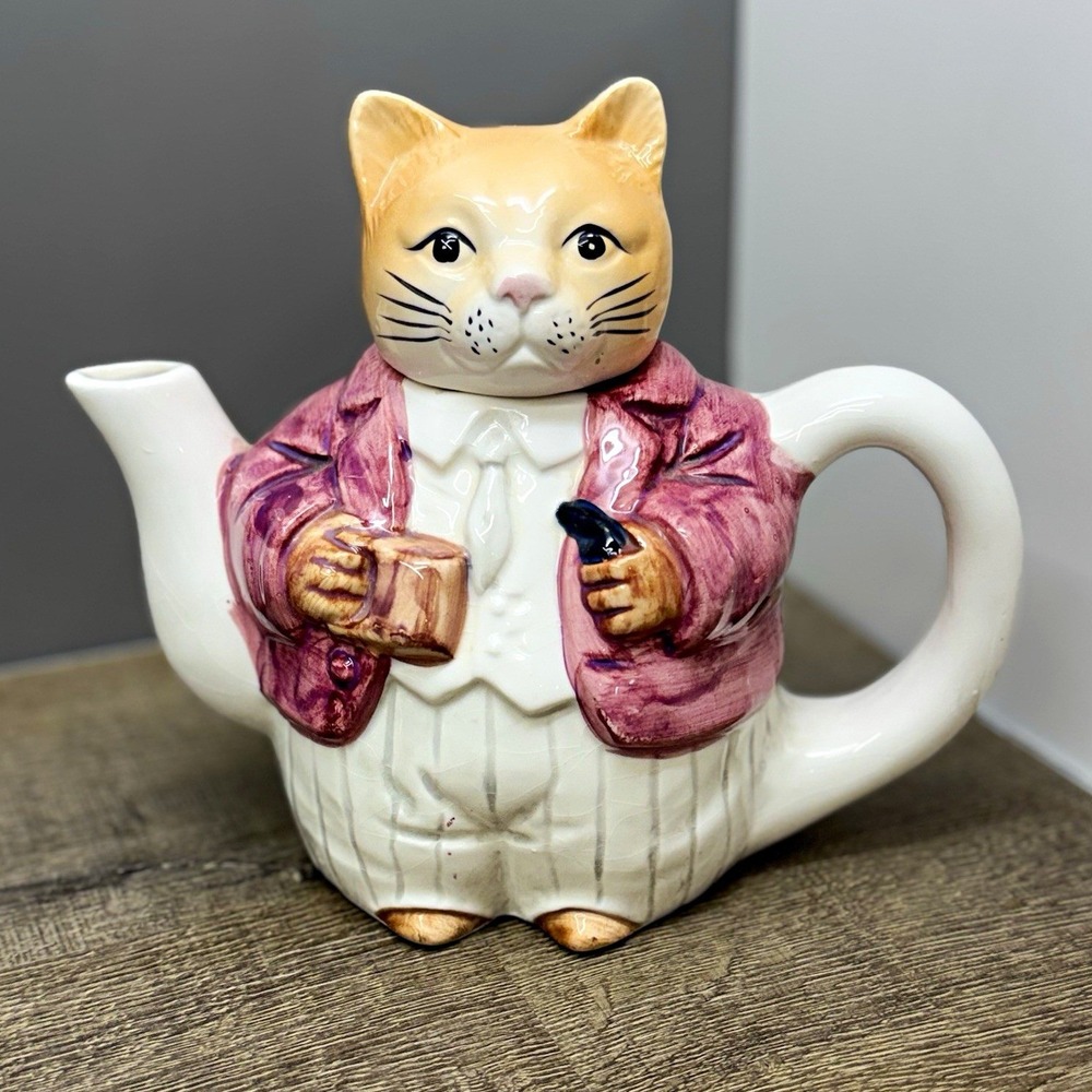 Vintage Otagiri Mr Whiskers Teapot Ceramic Anthropomorphic Dapper Kitty Japan